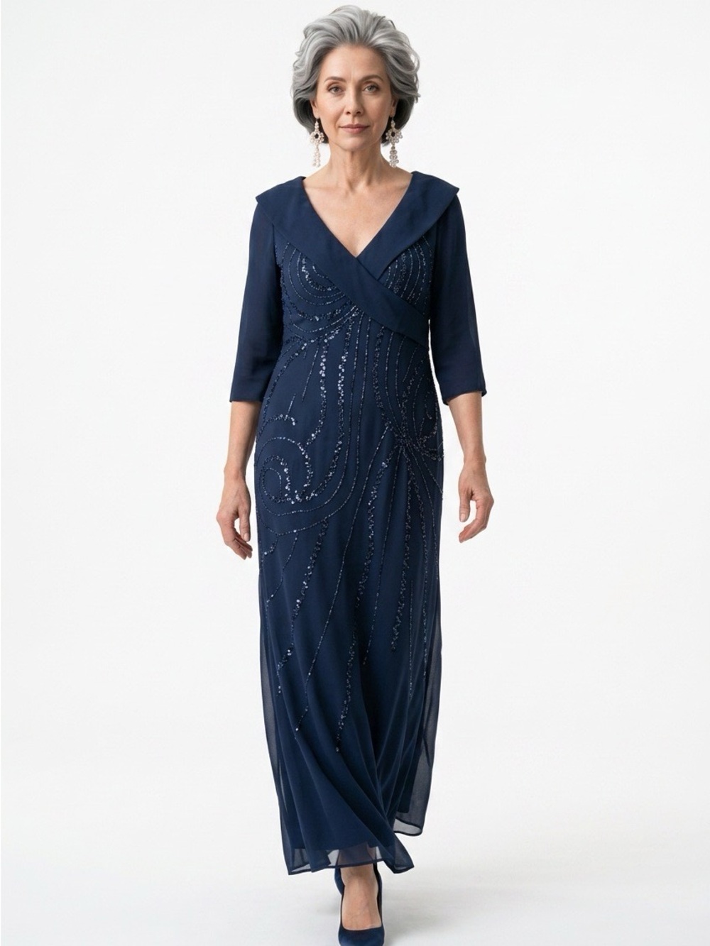 Elegant Navy V-Neck Evening Dress with Beaded Detail